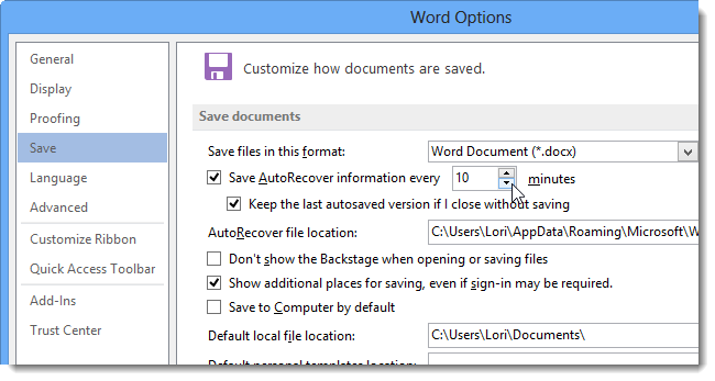 Comment changer les intervalles d'enregistrement automatiques dans MC Word 2013